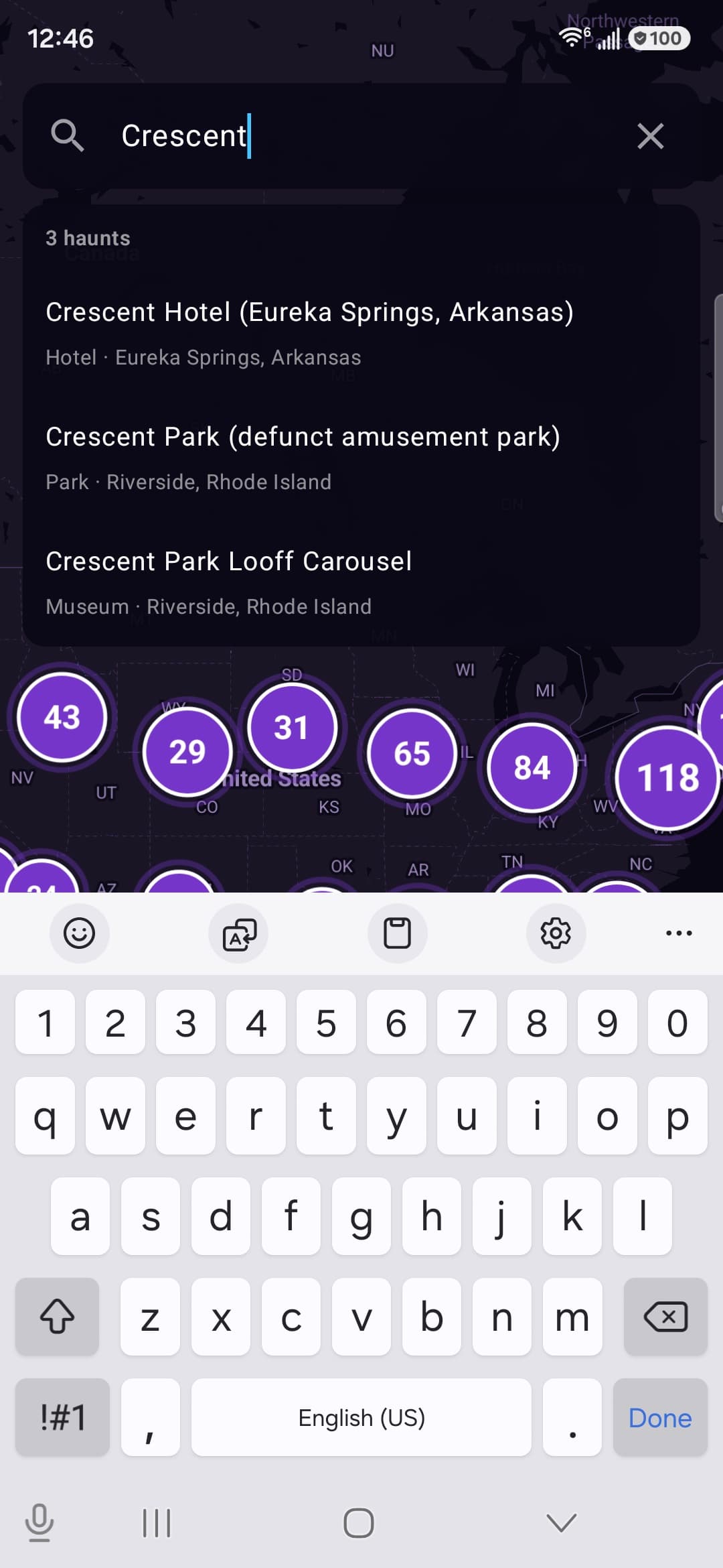 Searching the app by haunt, city, or state.