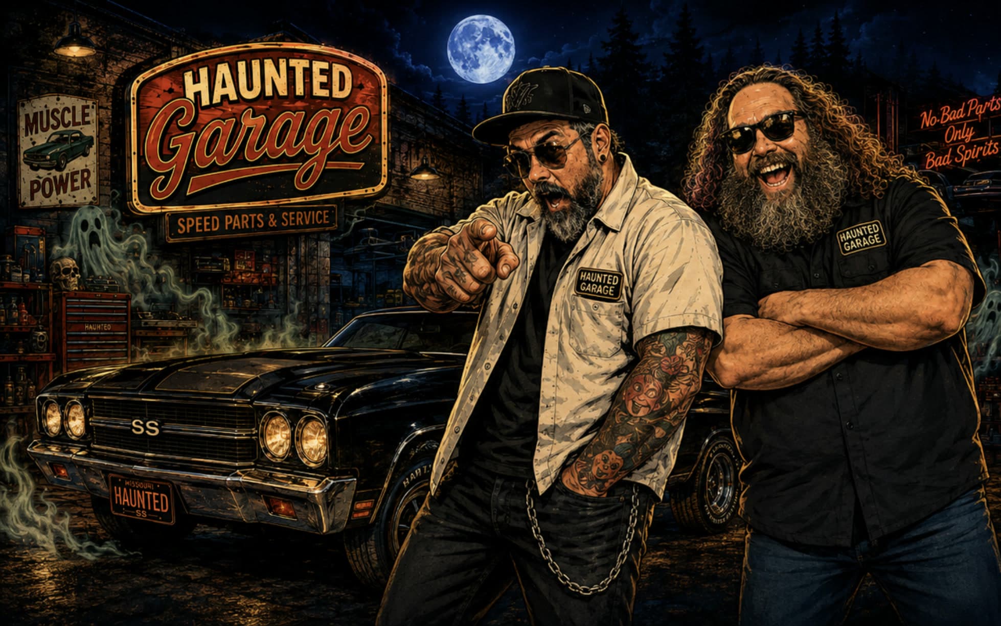 Franki and Jeremy outside the Haunted Garage at night, a full moon over the treeline behind them, a black Chevelle SS under the neon Haunted Garage sign, and ghosts drifting up through the shop.